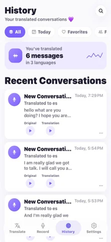 ReplyLingo History screen with saved translated conversations and Original and Translation play buttons