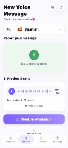 ReplyLingo Record screen: choose the target language, record your reply and send the translated voice message on WhatsApp