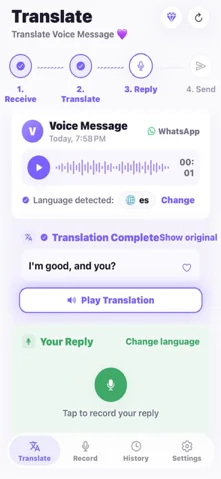 ReplyLingo Translate screen: a received WhatsApp voice message with the language detected, Translation Complete and a Play Translation button
