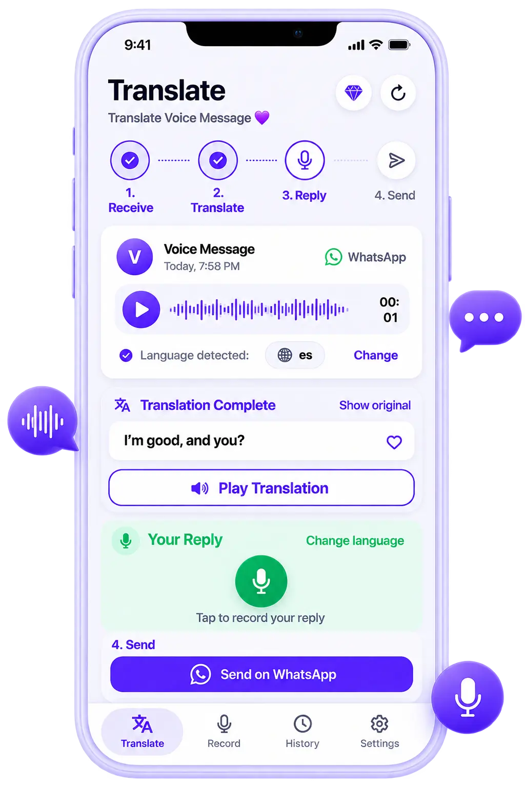 ReplyLingo translating a voice message from Amma in Punjabi and preparing a spoken reply