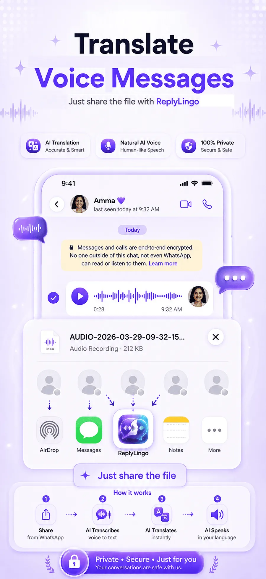 ReplyLingo translating a WhatsApp voice message step by step